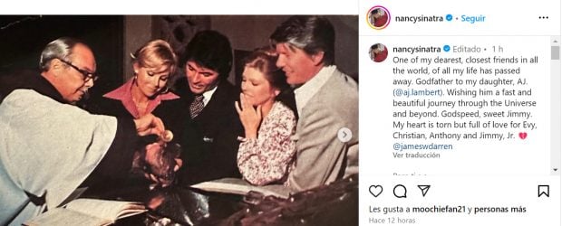 Nancy Sinatra publica un mensaje de despedida tras la muerte de James Darren. (Instagram)