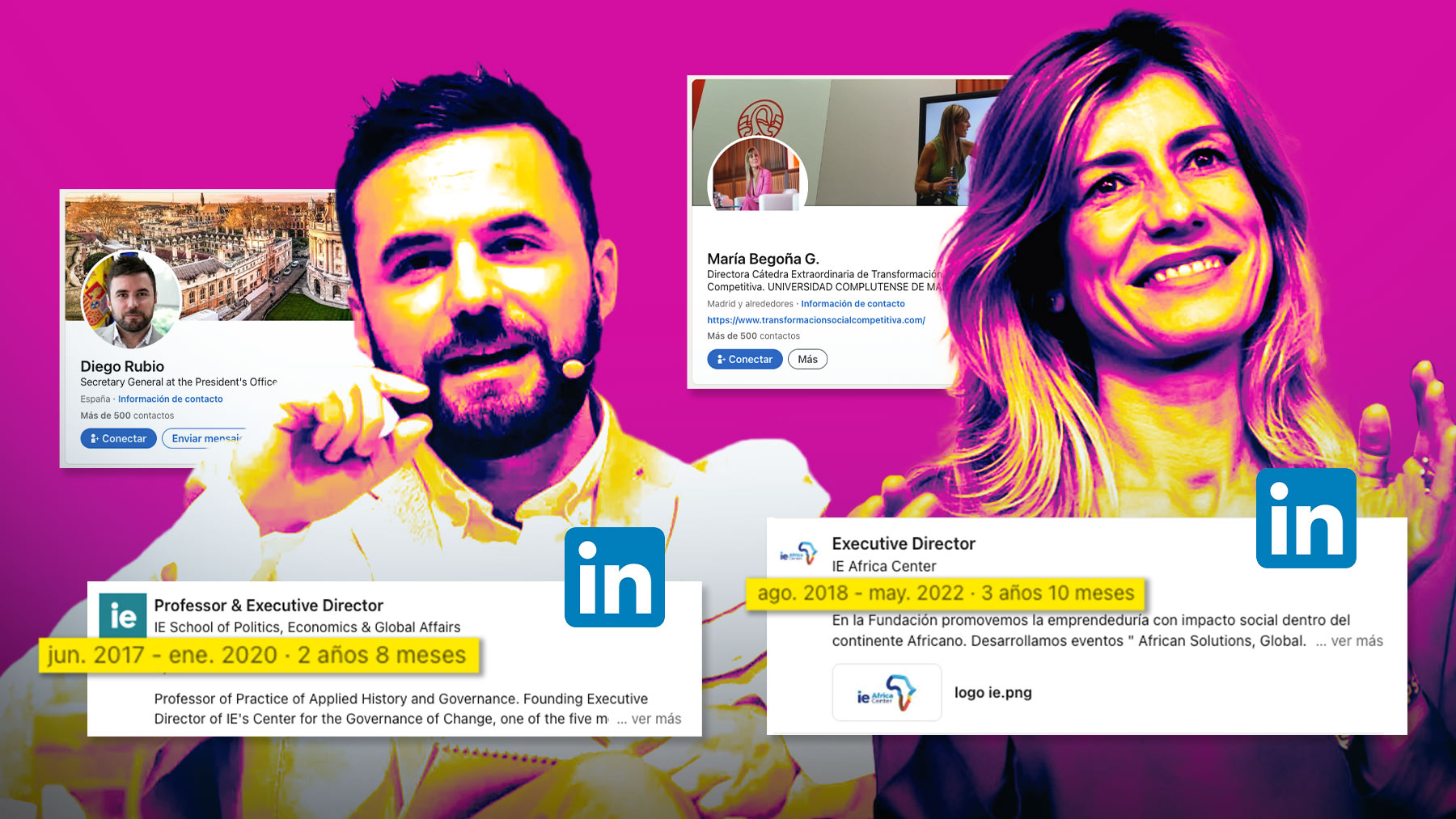 Diego Rubio y Begoña Gómez con sus respectivos perfiles de LinkedIn