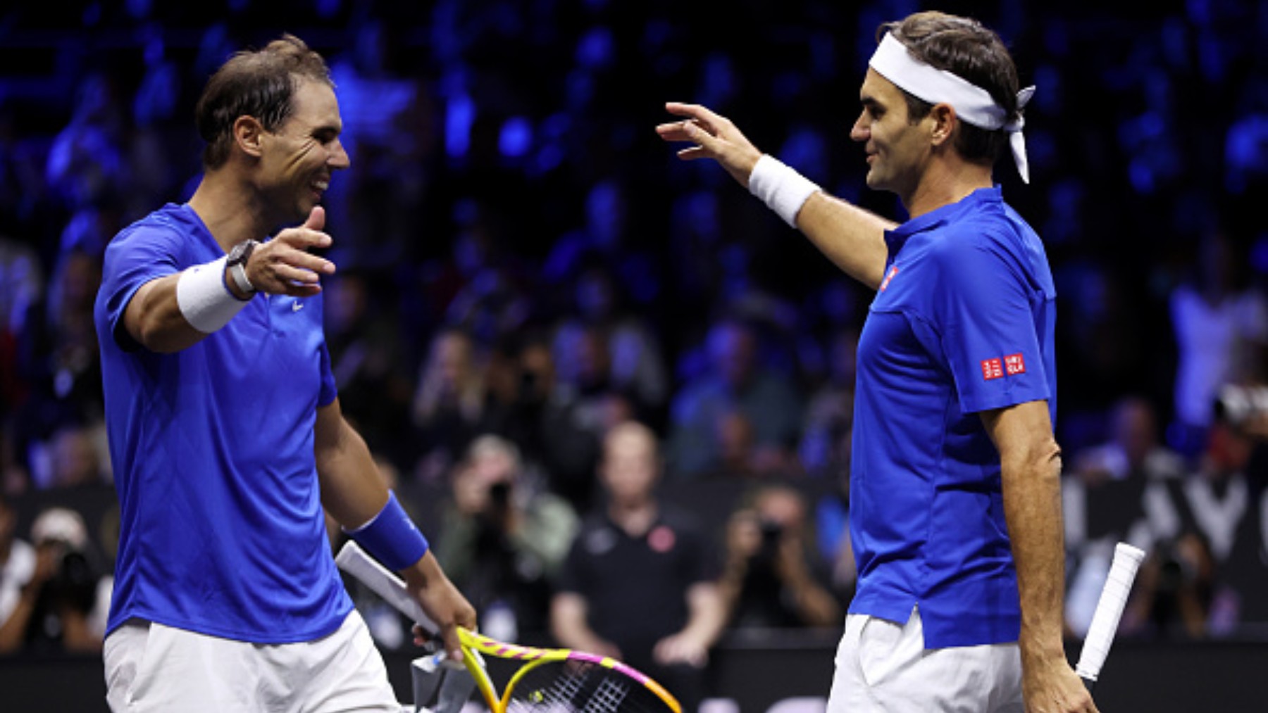 Rafa Nadal y Roger Federer durante la Laver Cup. (Getty)