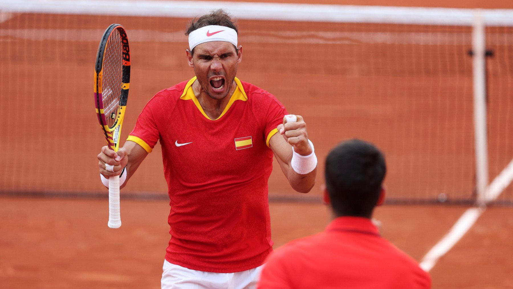 Rafa Nadal, en un partido de los Juegos Olímpicos junto a Carlos Alcaraz. (Getty)