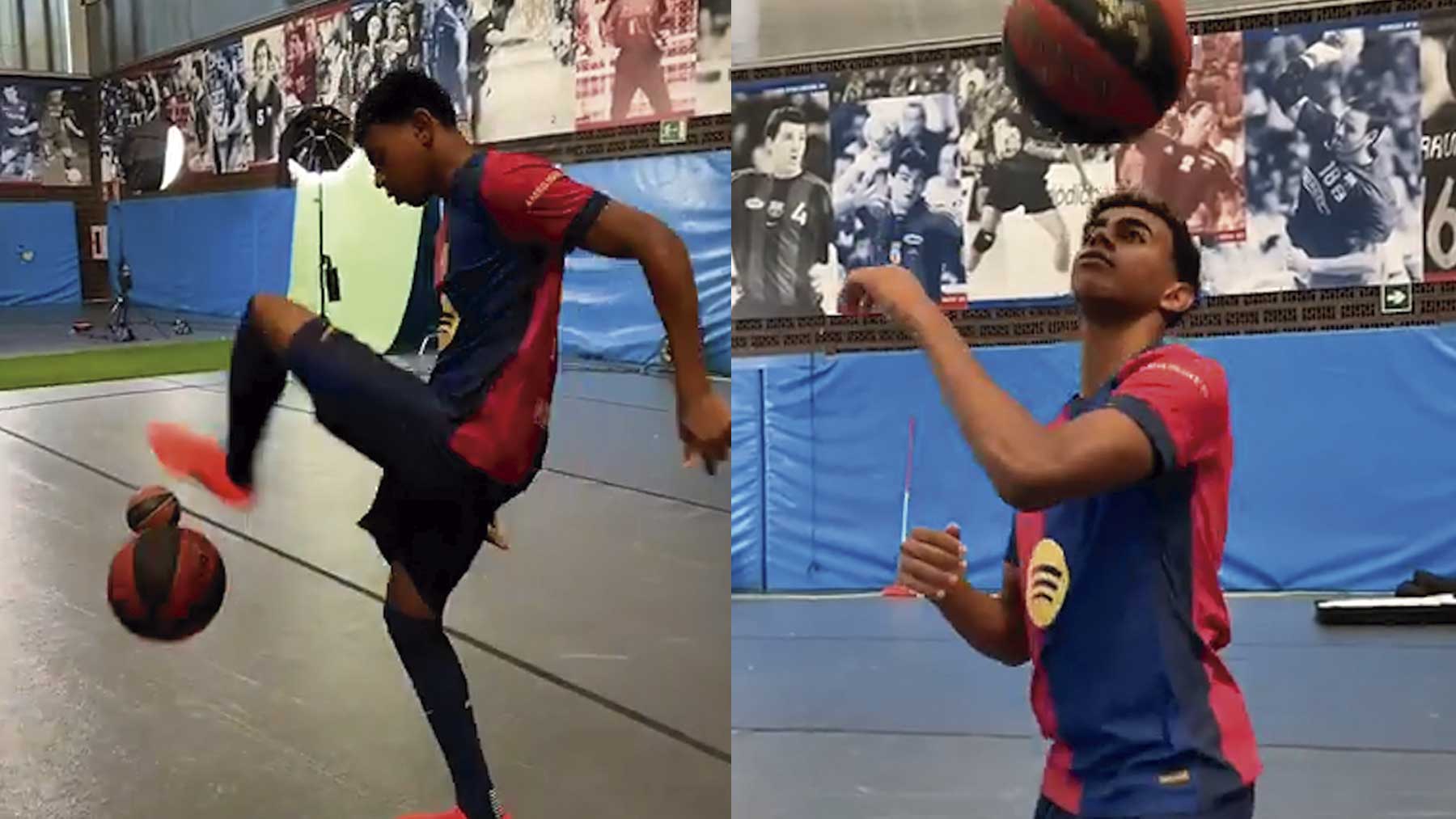 Lamine Yamal dando toques con una pelota de baloncesto.