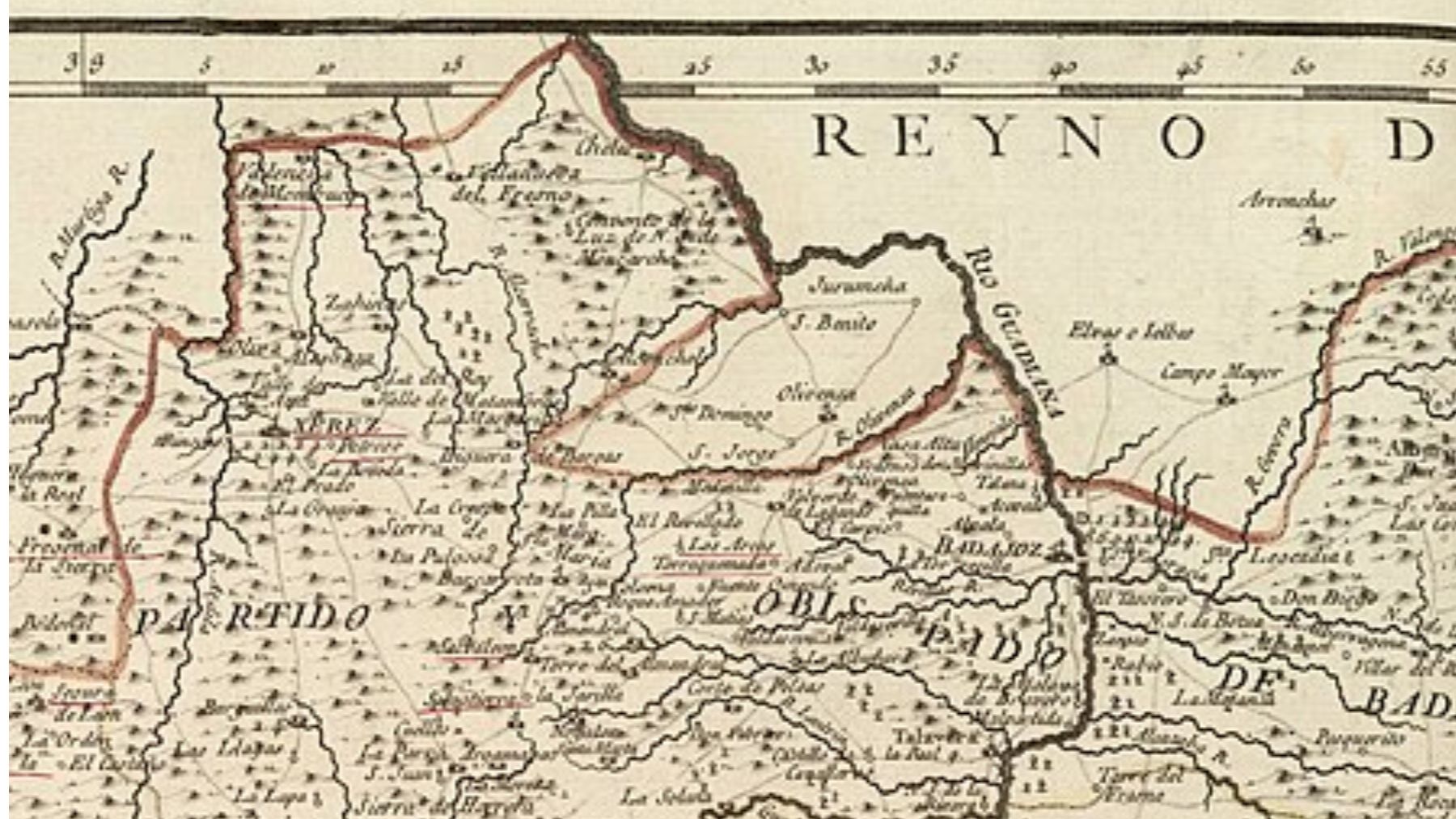 Olivenza, en un mapa cartográfico de la frontera occidental española en 1766.