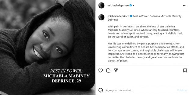 Comunicado de la muerte de Michaela DePrince. (Instagram)