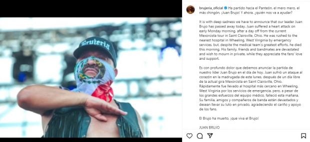 El grupo Brujería ha confirmado la muerte de Juan Brujo, su cantante, en redes sociales (Instagram).