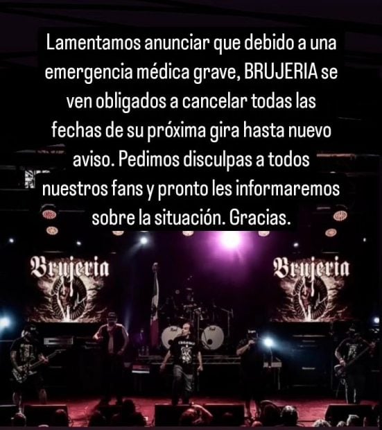 Comunicado de cancelación de la gira del grupo Brujería (Instagram).