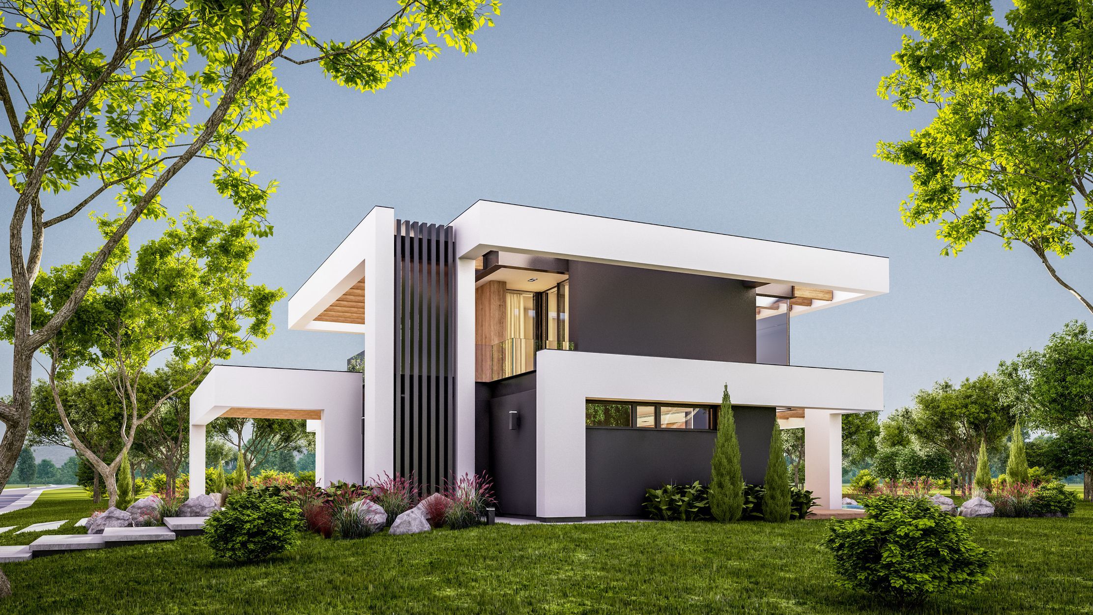 3d rendering of modern house in luxurious style in evening