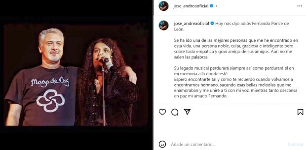 José Andrëa se despide de Fernando Ponce de León, con quien coincidió en Mägo de Oz. (Instagram)