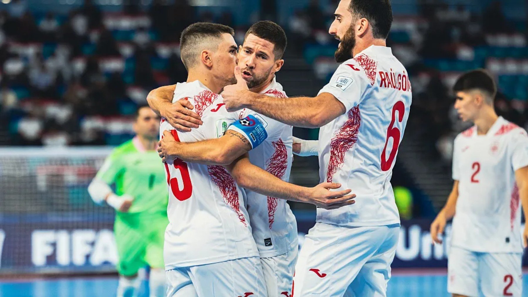 Los jugadores de la selección española de fútbol sala celebran un gol ante Libia. (RFEF)