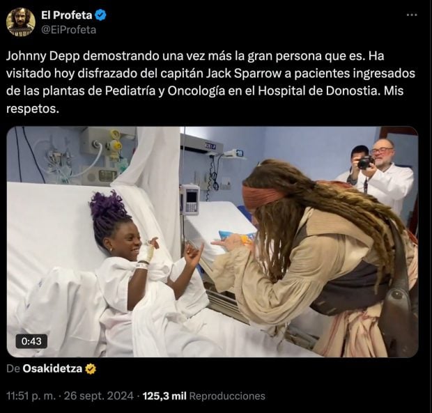 Usuario de X comenta la visita de Johnny Depp al Hospital de Donostia.