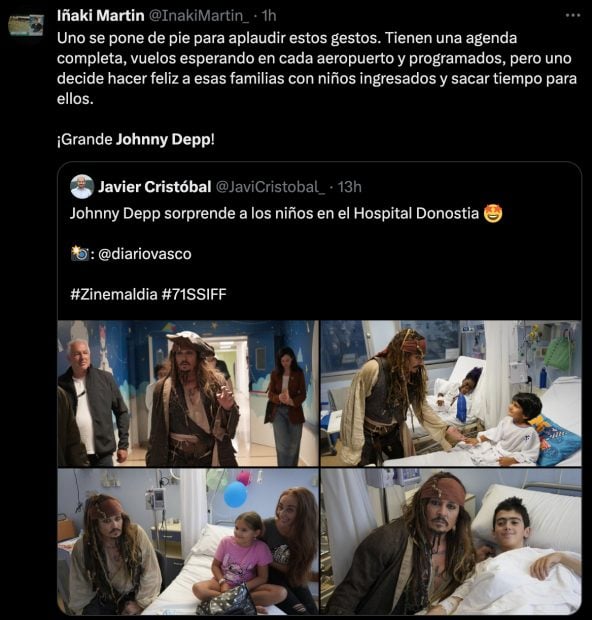 Usuario de X comenta la visita de Depp al Hospital de Donostia.