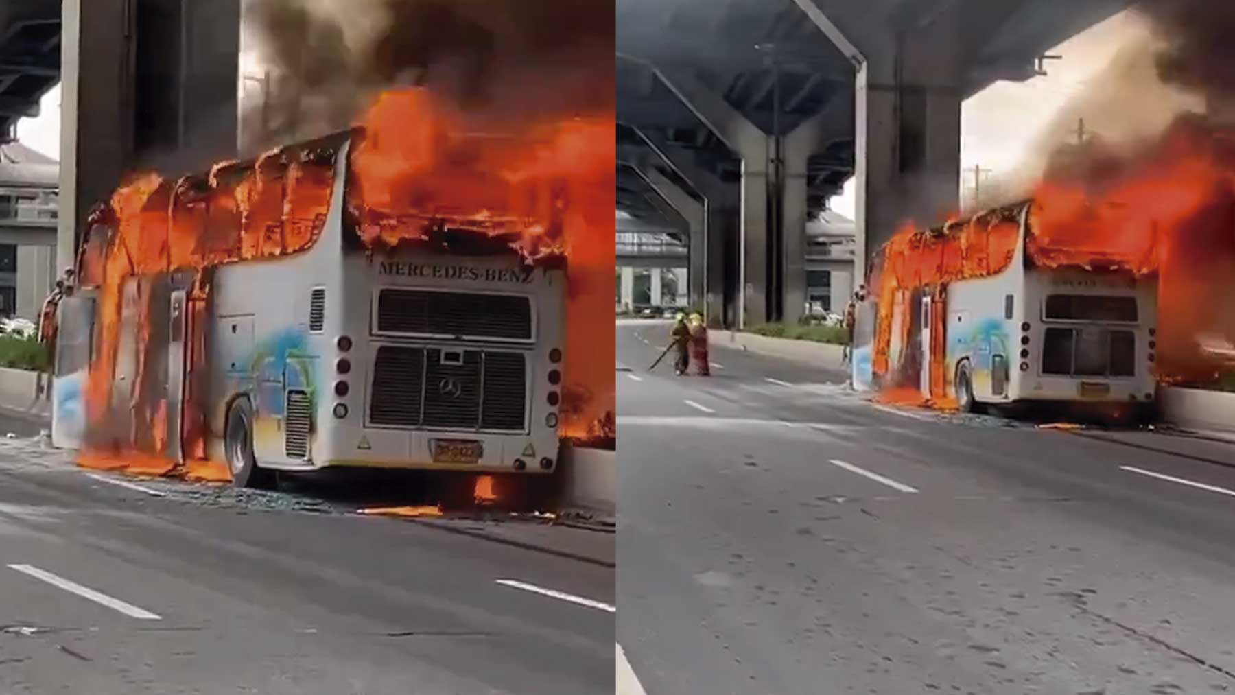 Autobús escolar ardiendo.