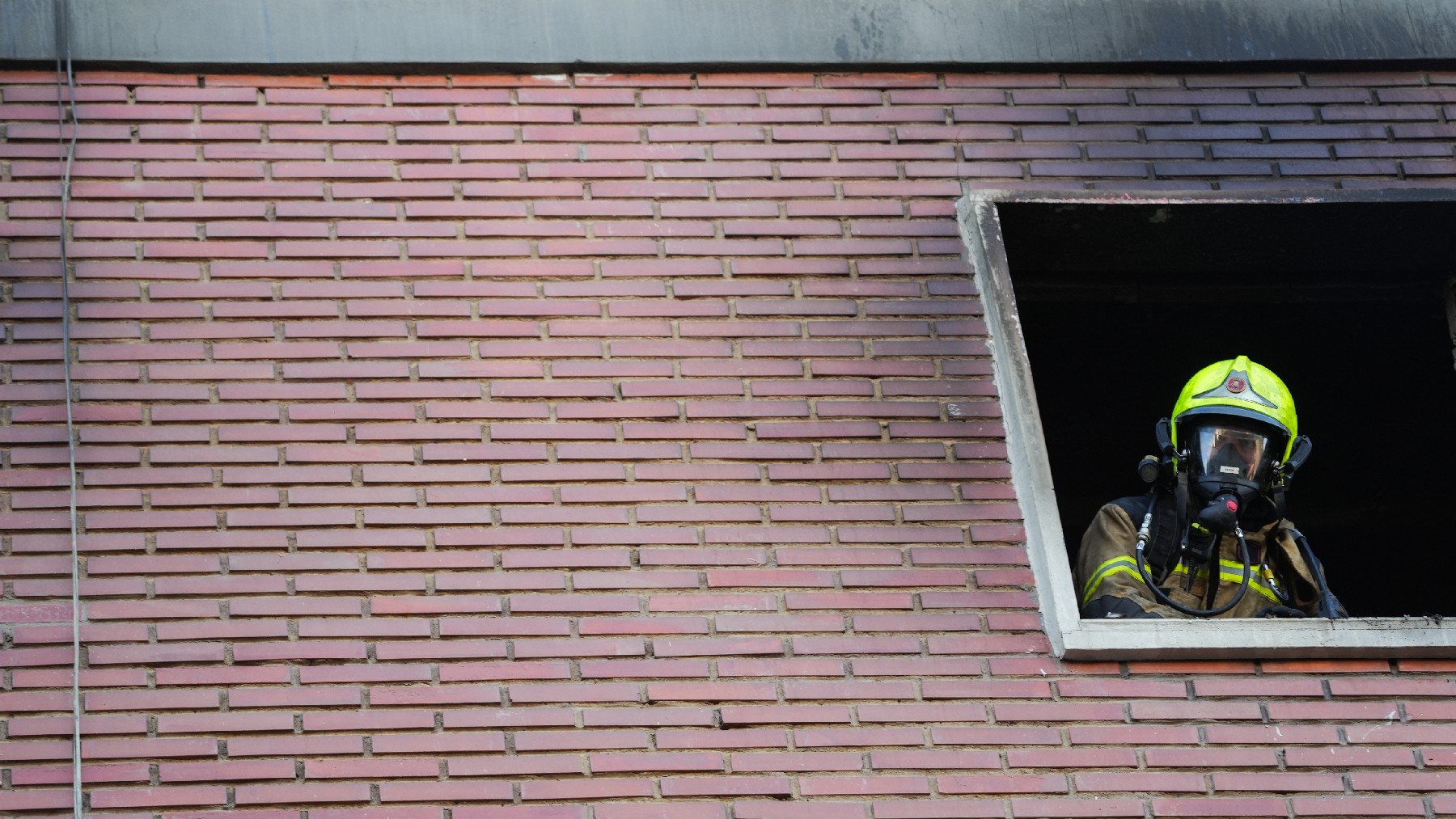 Un bombero en una de las ventanas del edificio incendiado en Valencia, este jueves. (JORGE GIL / EUROPA PRESS)