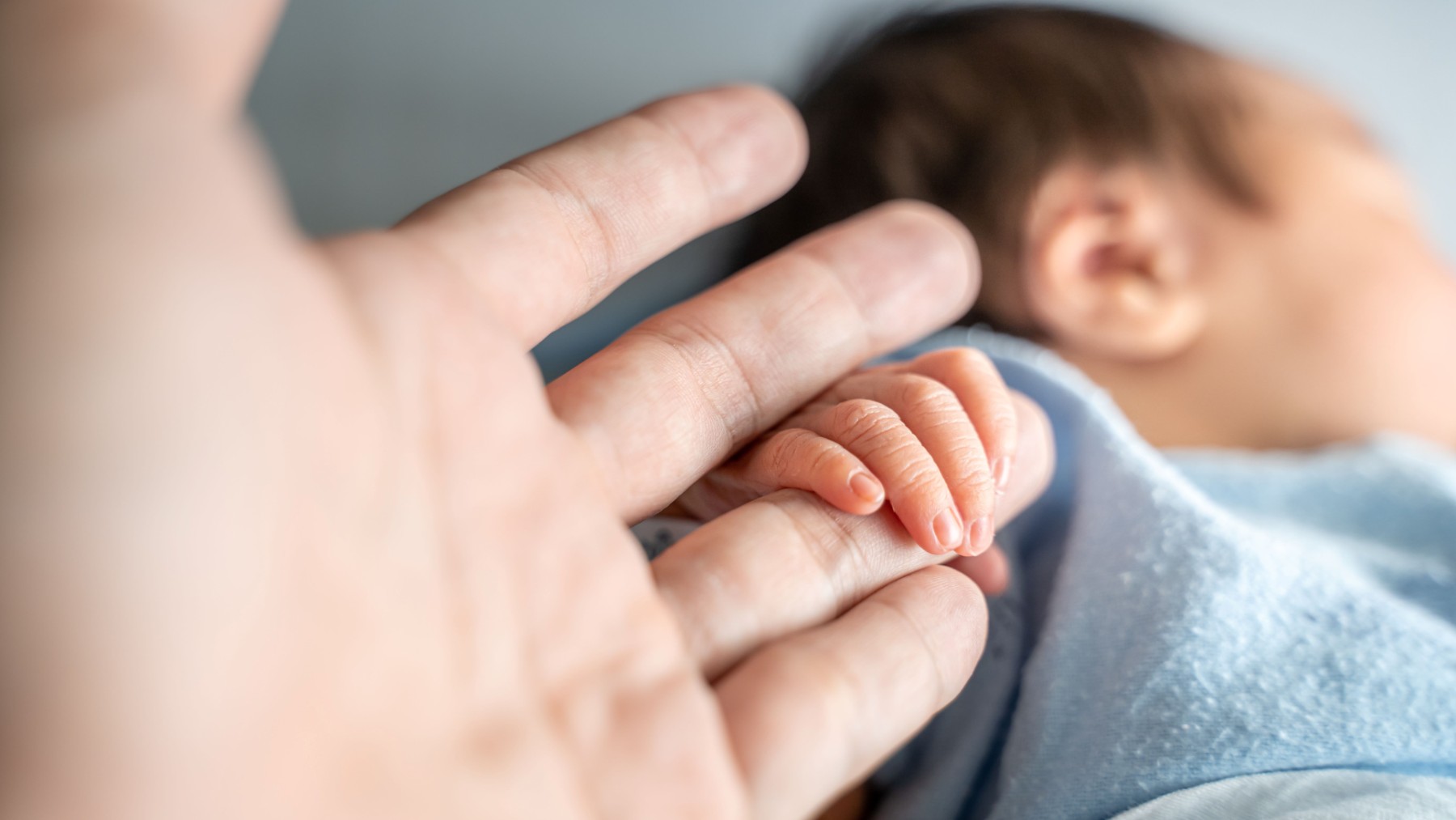 Un padre agarra la mano de un bebé.