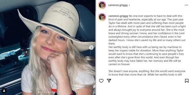 Cameron Grigg confirma la muerte de su mujer, Taylor Rousseau Grigg. (Instagram)