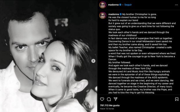 Madonna se despide de su hermano Christopher Ciccone en redes sociales. (Instagram)