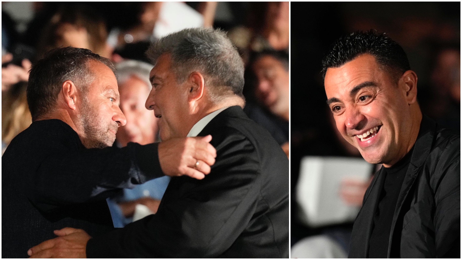 Laporta saluda a Flick y Xavi sonríe durante el acto de despedida de Andrés Iniesta. (EFE)