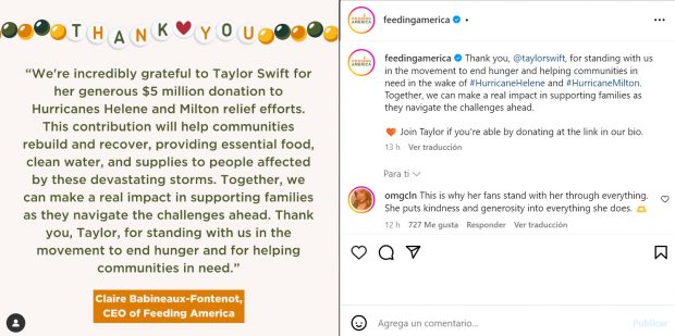 La fundación Feeding America confirma la donación de Taylor Swift a través de un comunicado. (Instagram)