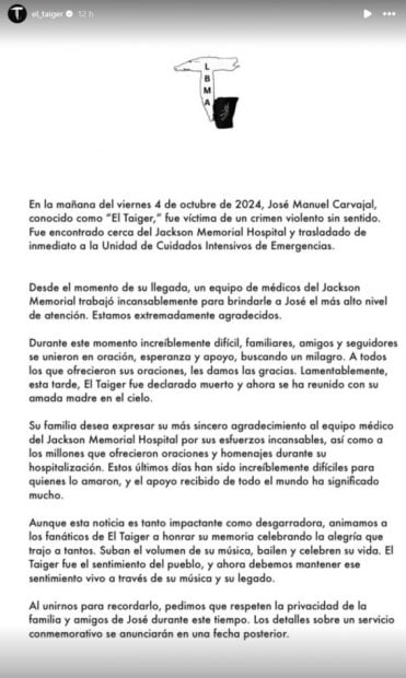 Comunicado familiar sobre el fallecimiento de El Taiger. (Instagram)