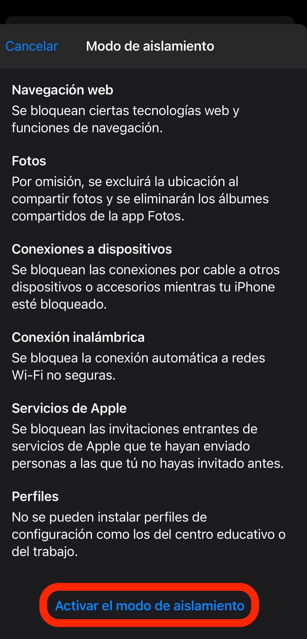 modo aislamiento iPhone