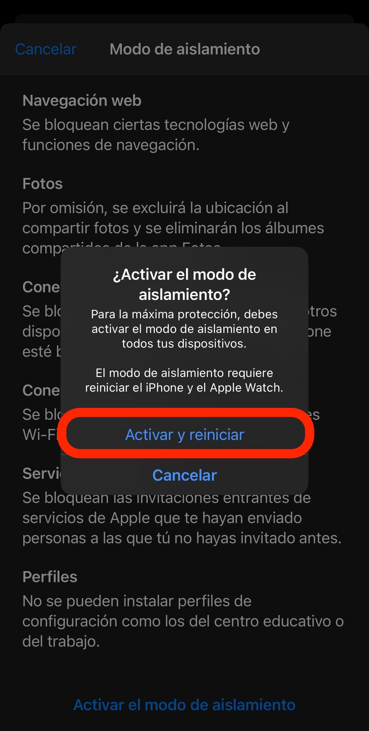 modo aislamiento iPhone