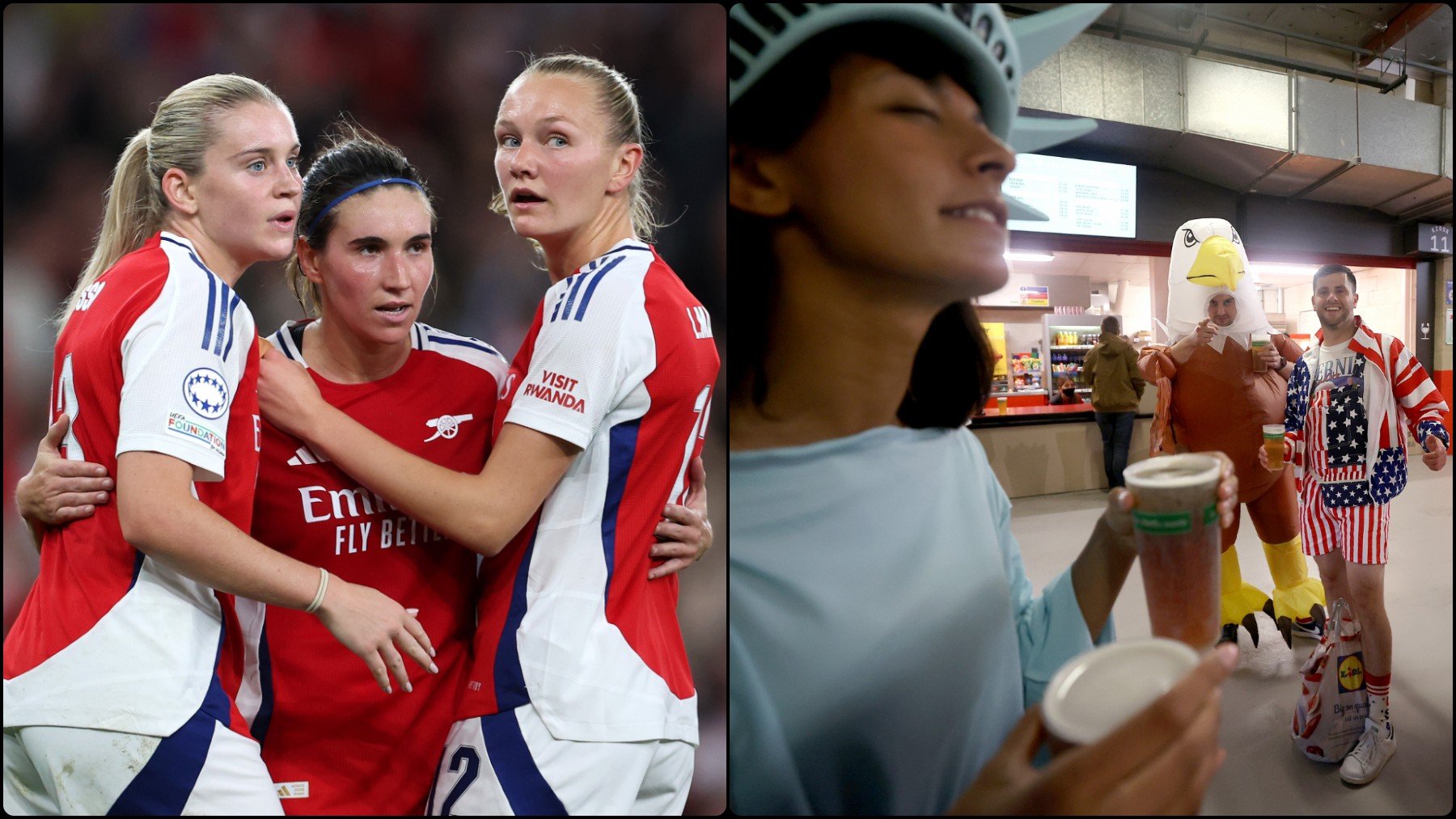 A la izquierda, Mariona Caldentey celebra un gol con el Arsenal, y a la derecha, unos aficionados bebiendo alcohol durante un partido de la Premier.