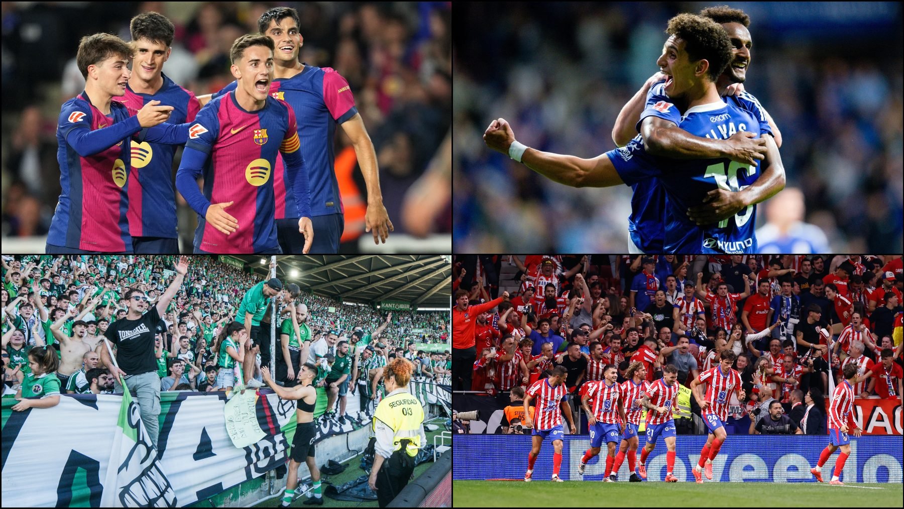 Jugadores del Barcelona, Oviedo y Atlético y aficionados del Racing de Santander.