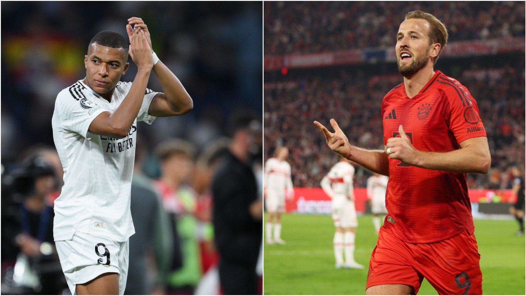 Kylian Mbappé y Harry Kane celebran un gol con Real Madrid y Bayern de Múnich, sus respectivos equipos.