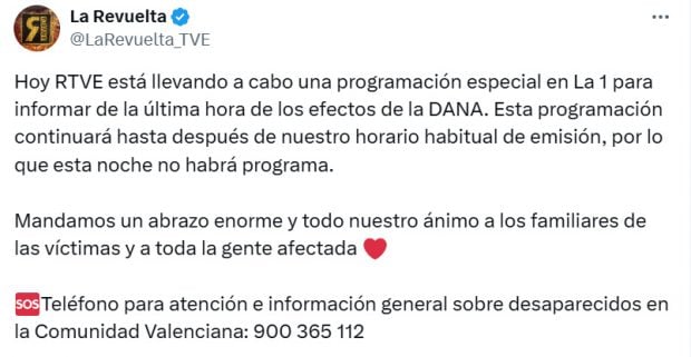 El equipo de La Revuelta confirma que no habrá programa hoy, miércoles 30 de octubre. (X)