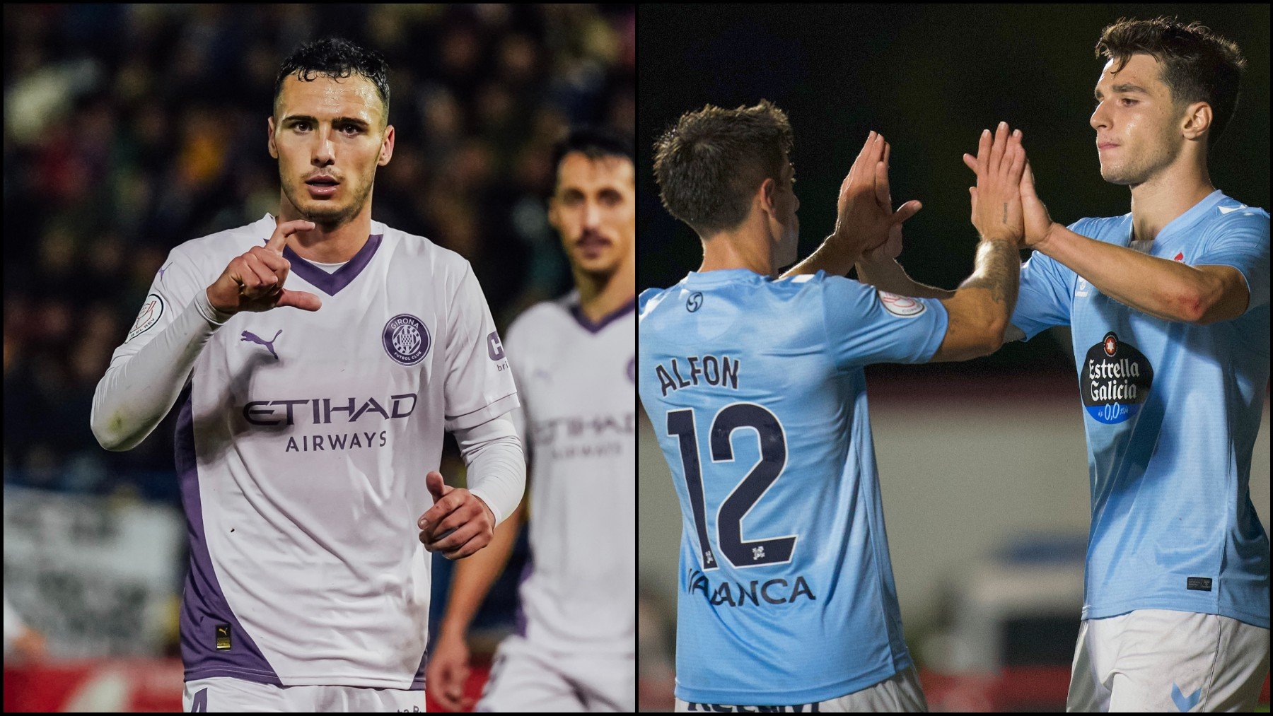 Los jugadores de Girona y Celta celebran dos goles. (Girona FC/Celta de Vigo)