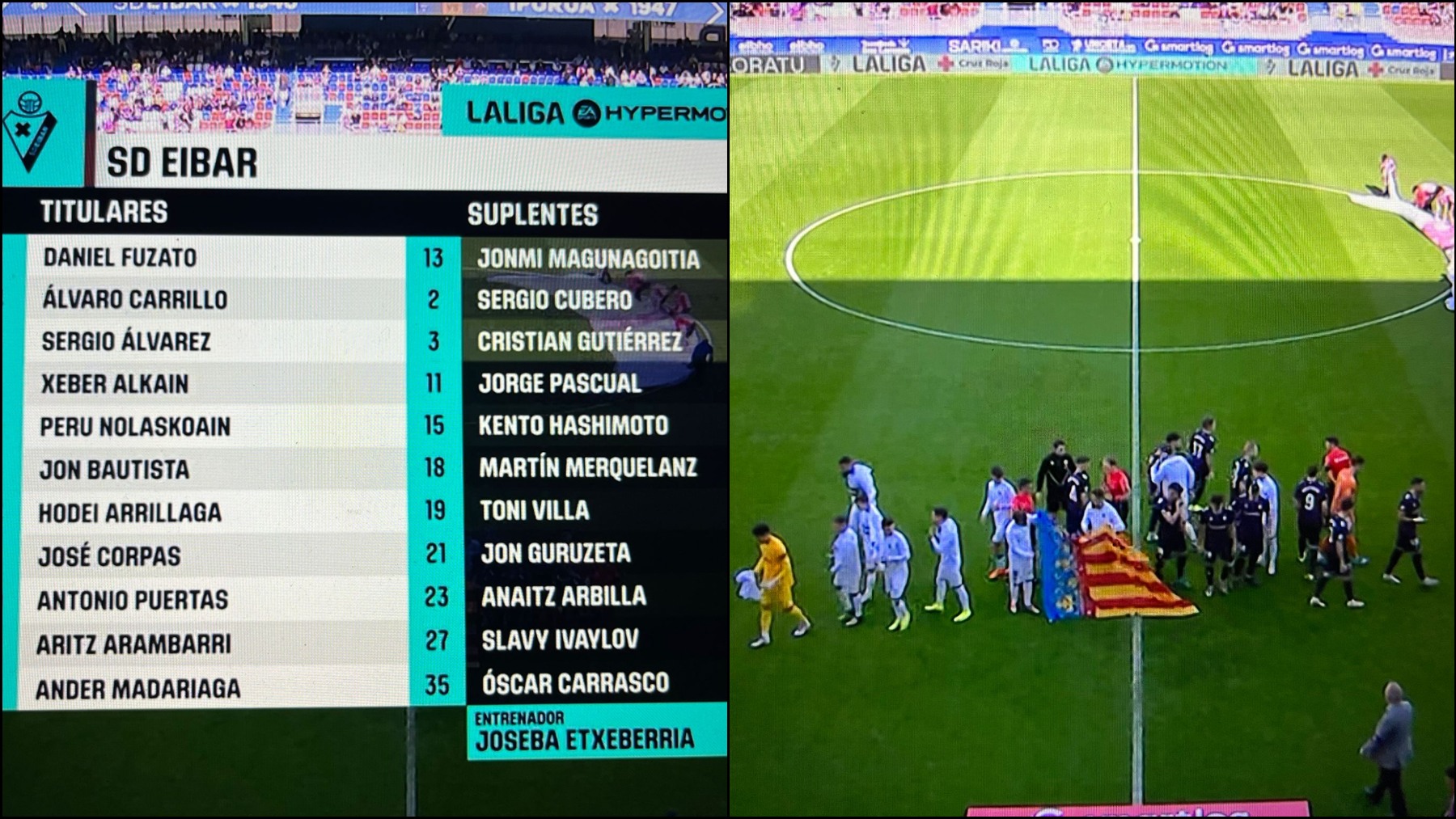 La retransmisión puso la alineación del Eibar en el momento del homenaje.