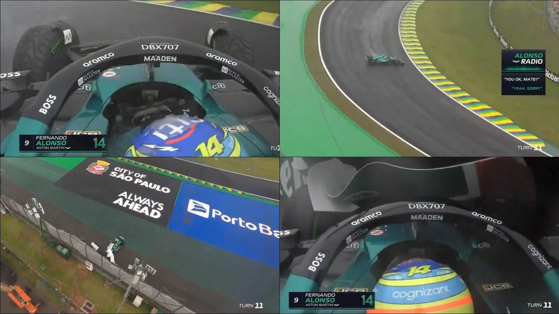 Así fue el accidente de Fernando Alonso en la Q3 de Brasil.