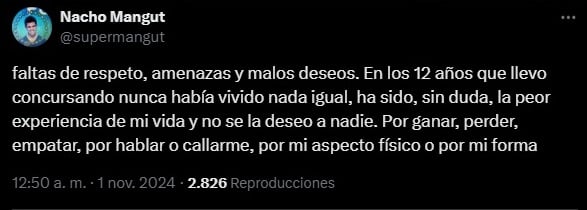 Nacho Mangut denuncia las amenazas recibidas durante su concurso en Pasapalabra (X).