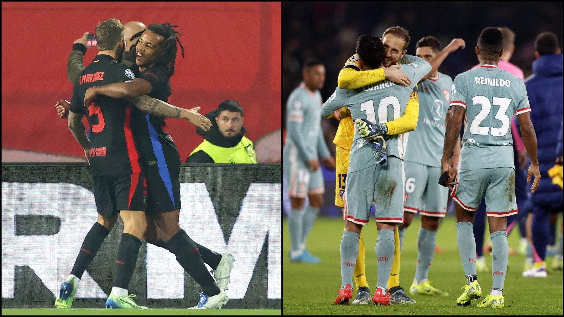 Los jugadores de Barcelona y Atlético celebran sendos goles. (EFE)