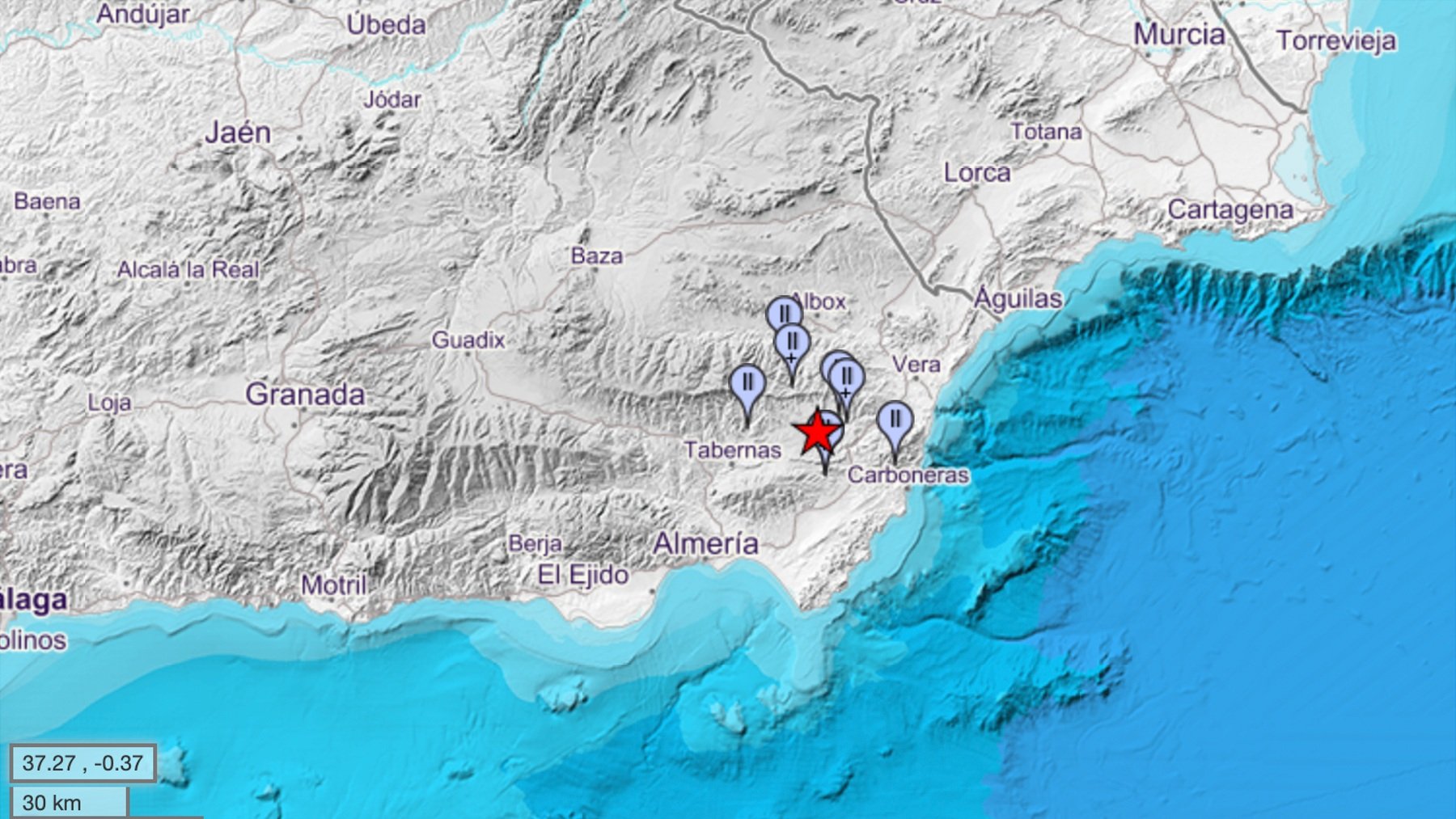 Mapa del terremoto con epicentro en Sorbas. (Foto: IGN)