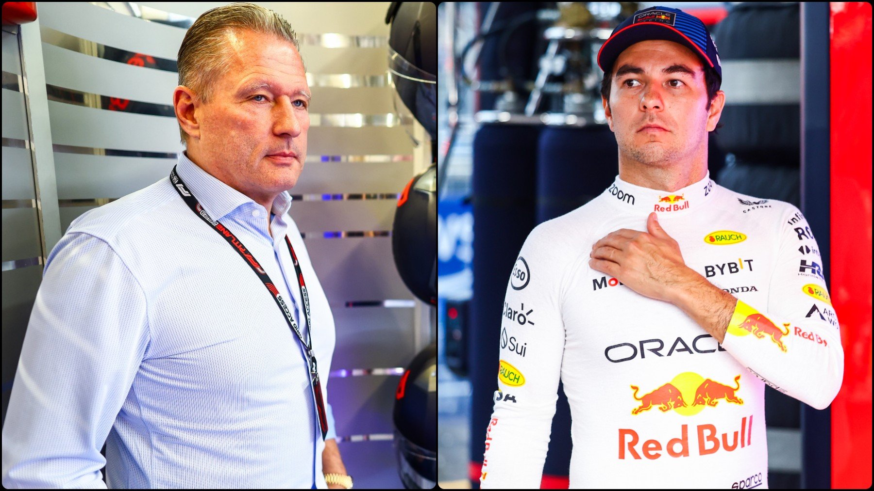 El padre de Verstappen, Jos, y Checo Pérez tras una carrera.