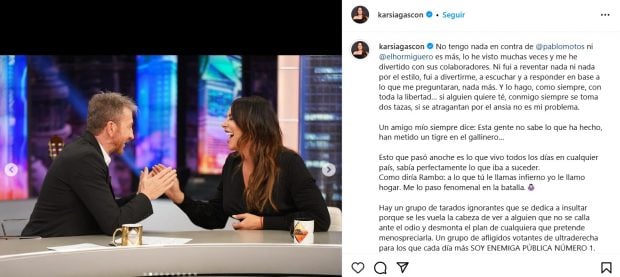 La respuesta de Karla Sofía Gascón horas después de su paso por El Hormiguero (Instagram).