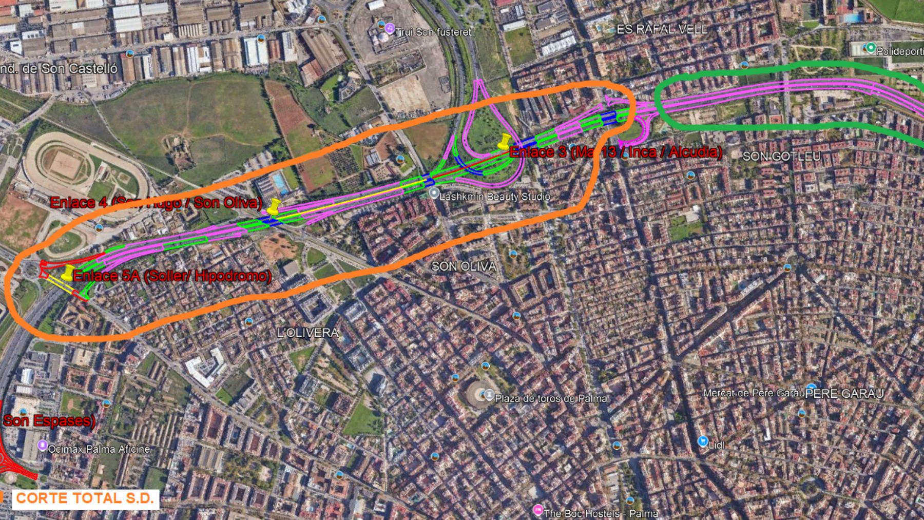 Plano con los cortes previstos en la autopista al aeropuerto.