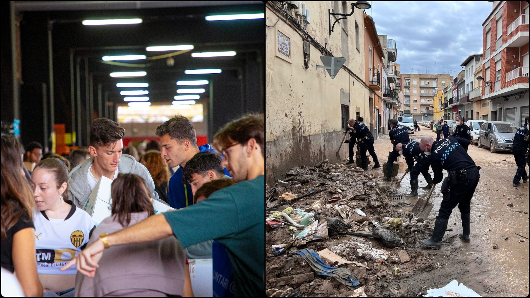 Pepelu y Hugo Duro en Mestalla recogiendo alimentos para los afectados por la DANA y la policía limpiando las calles.