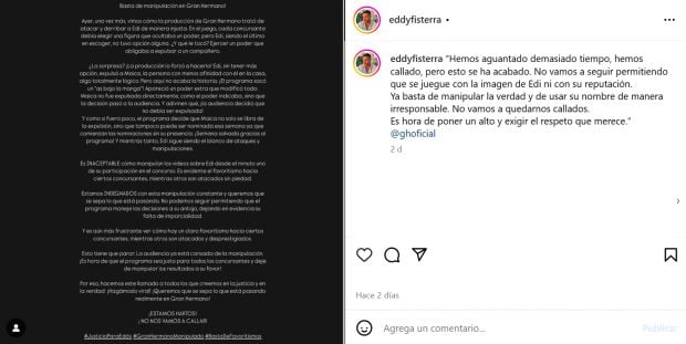 La familia de Edi emite un comunicado contra Gran Hermano. (Instagram)