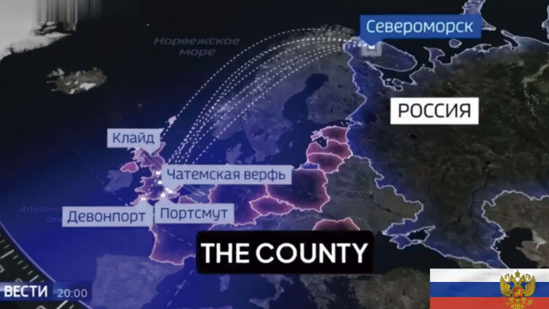 Mapa de la TV rusa de los posibles ataques de Rusia a Europa.