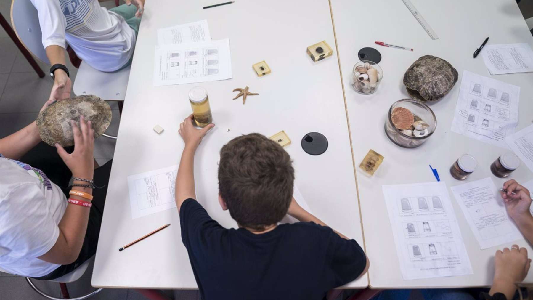 Un niño en una mesa de un aula con diverso material escolar. Pérez Meca – Europa Press.