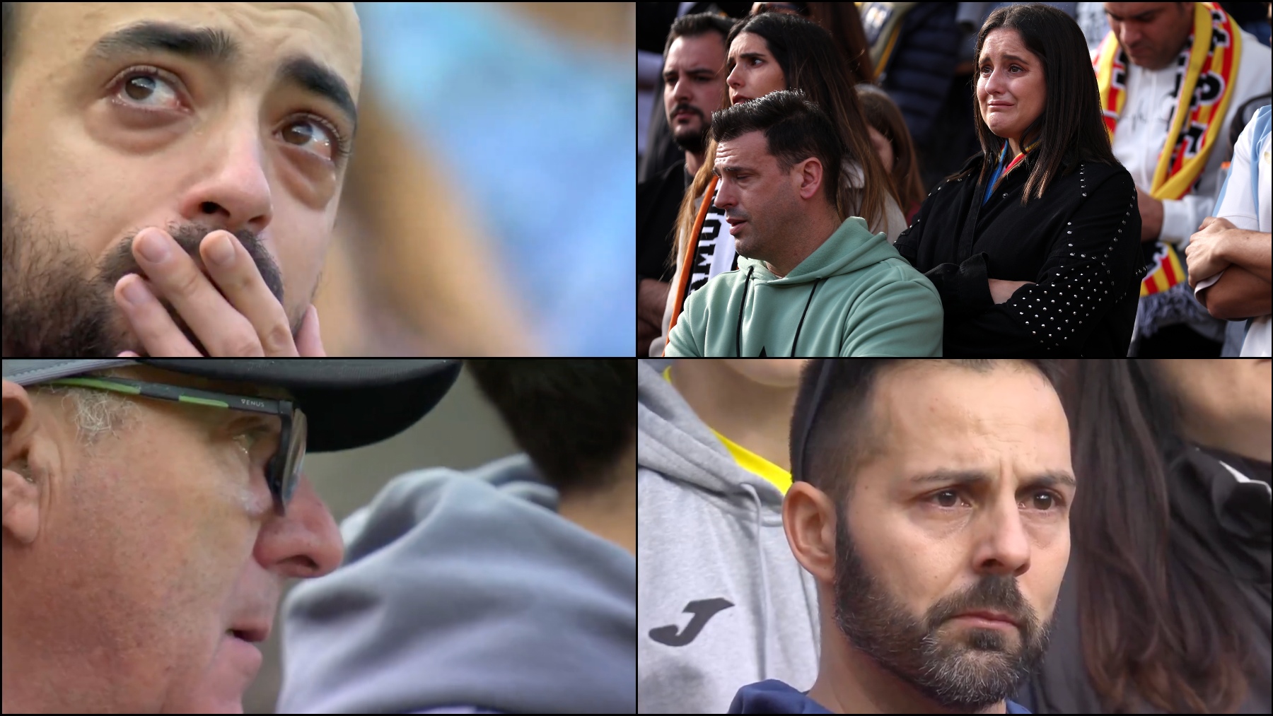 Varios aficionados lloran en Mestalla por las víctimas de la DANA.