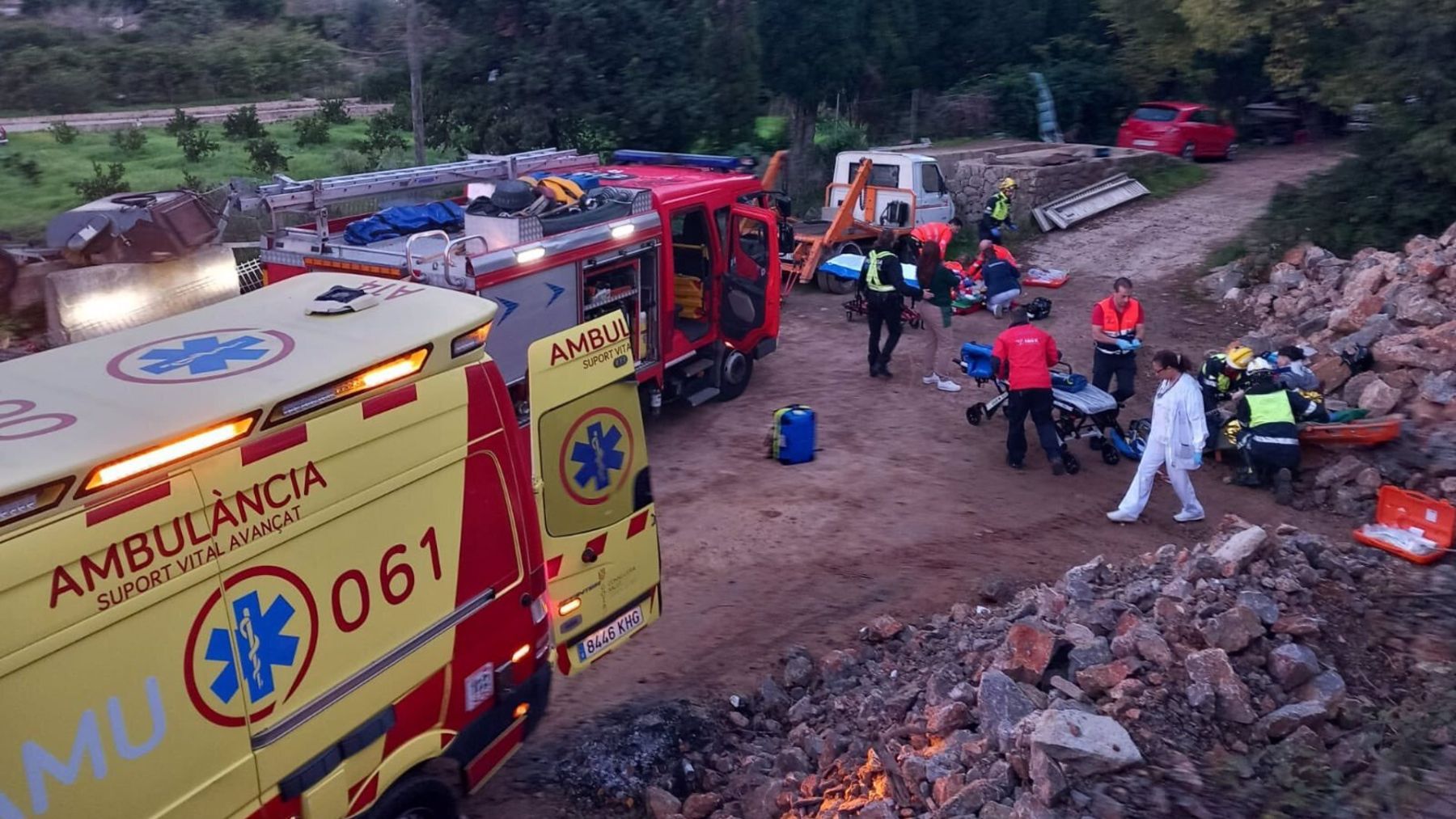 Dos motoristas resultan heridos graves tras precipitarse por un terraplén de unos cuatro metros en Sóller. (Bombers de Mallorca)