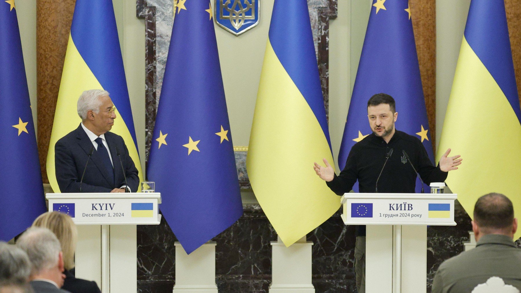 Antonio Costa y Volodímir Zelenski en la rueda de prensa en Kiev. (Foto: Efe)