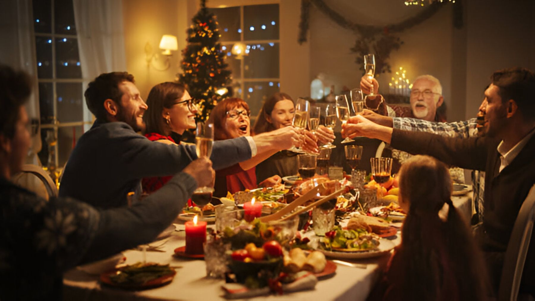 Familia a la mesa brindando en Navidad.