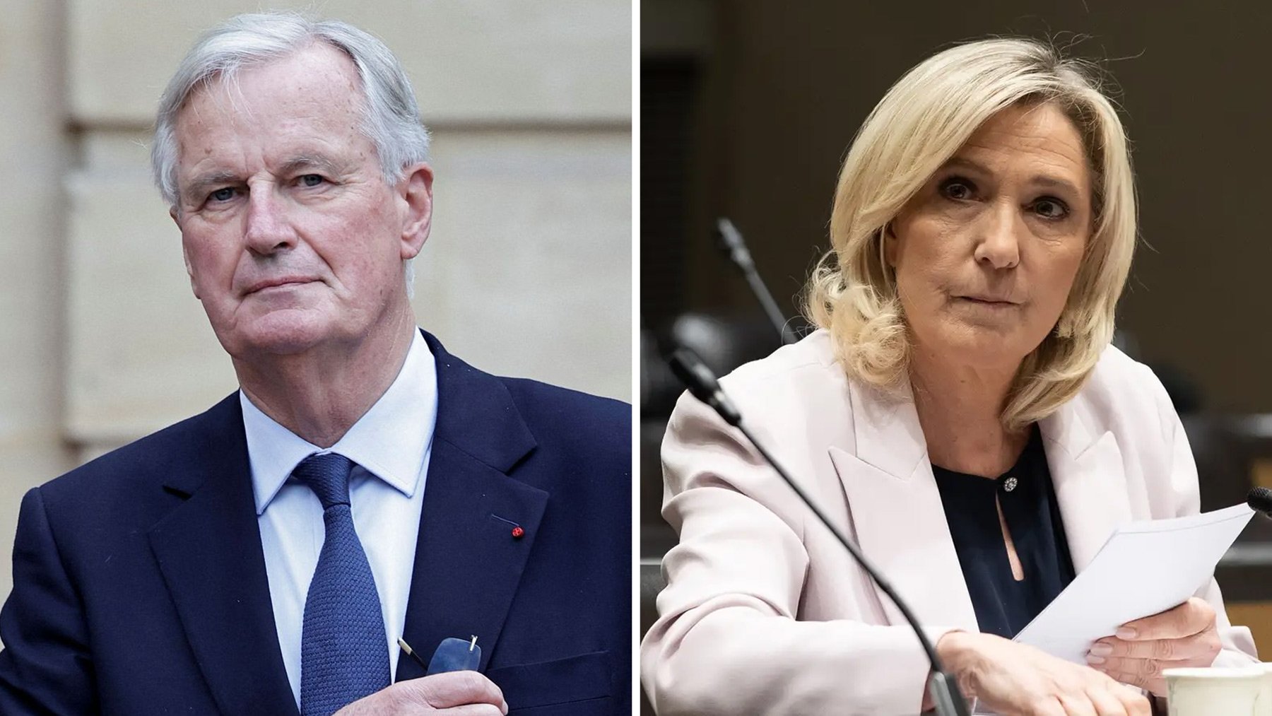 El primer ministro Michel Barnier y Marine Le Pen.