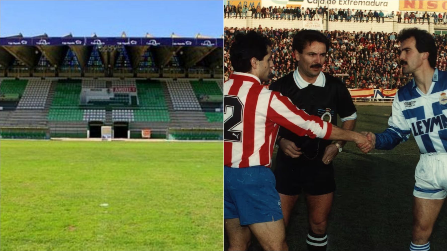 Los capitanes del Atlético y Deportivo se saludan en el estadio Príncipe Felipe de Cáceres.