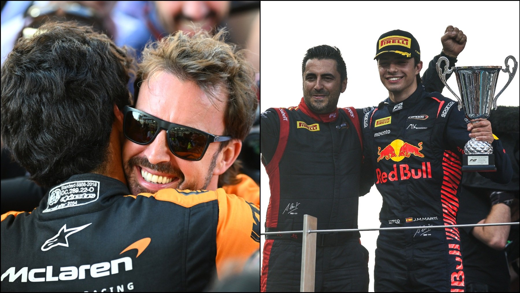 Fernando Alonso se abraza con Gabriel Bortoleto y al otro lado Pepe Martí celebra su victoria en F2.