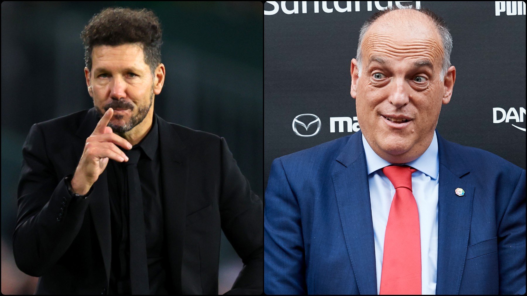 Diego Pablo Simeone, entrenador del Atlético, y Javier Tebas, presidente de la Liga.