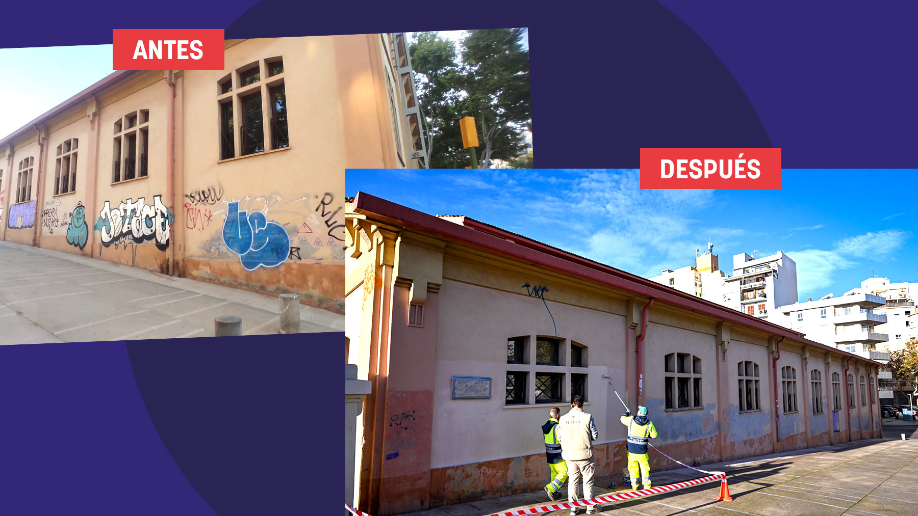 Antes y después de la limpieza del edificio de Ses Estacions en el Pont des Tren.